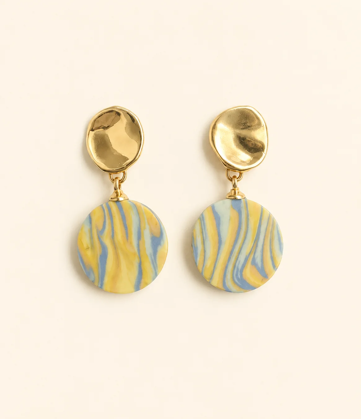 Sunlit Strata handmade ceramic earrings showing a hand-finished ceramic surface by ZELIN ART.