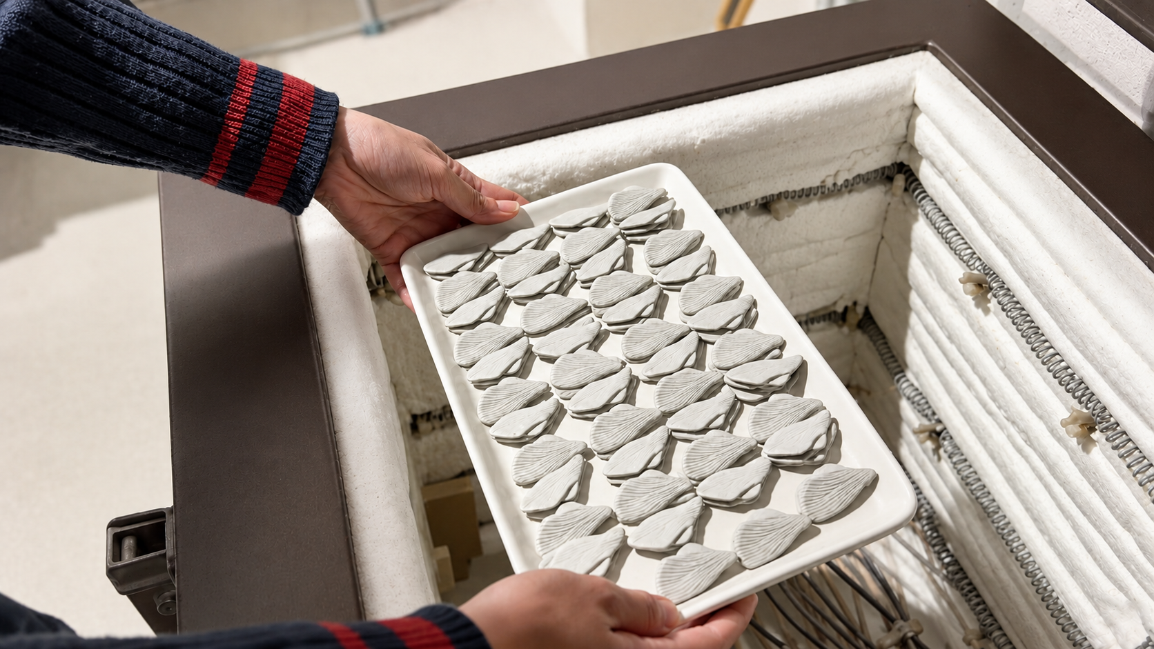 Porcelain pieces prepared for the first firing