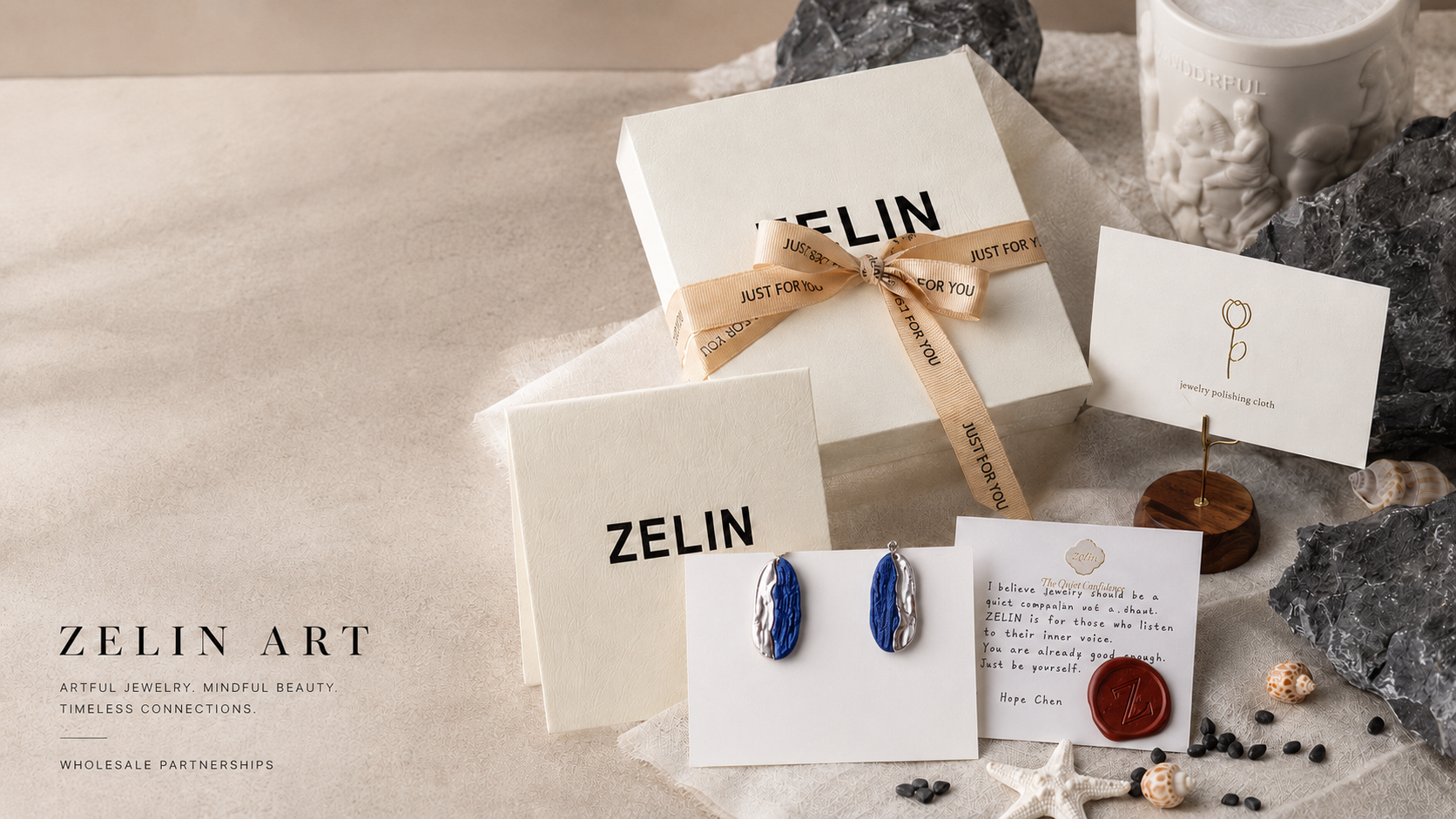 ZELIN ART porcelain jewelry arranged with gift-ready retail presentation