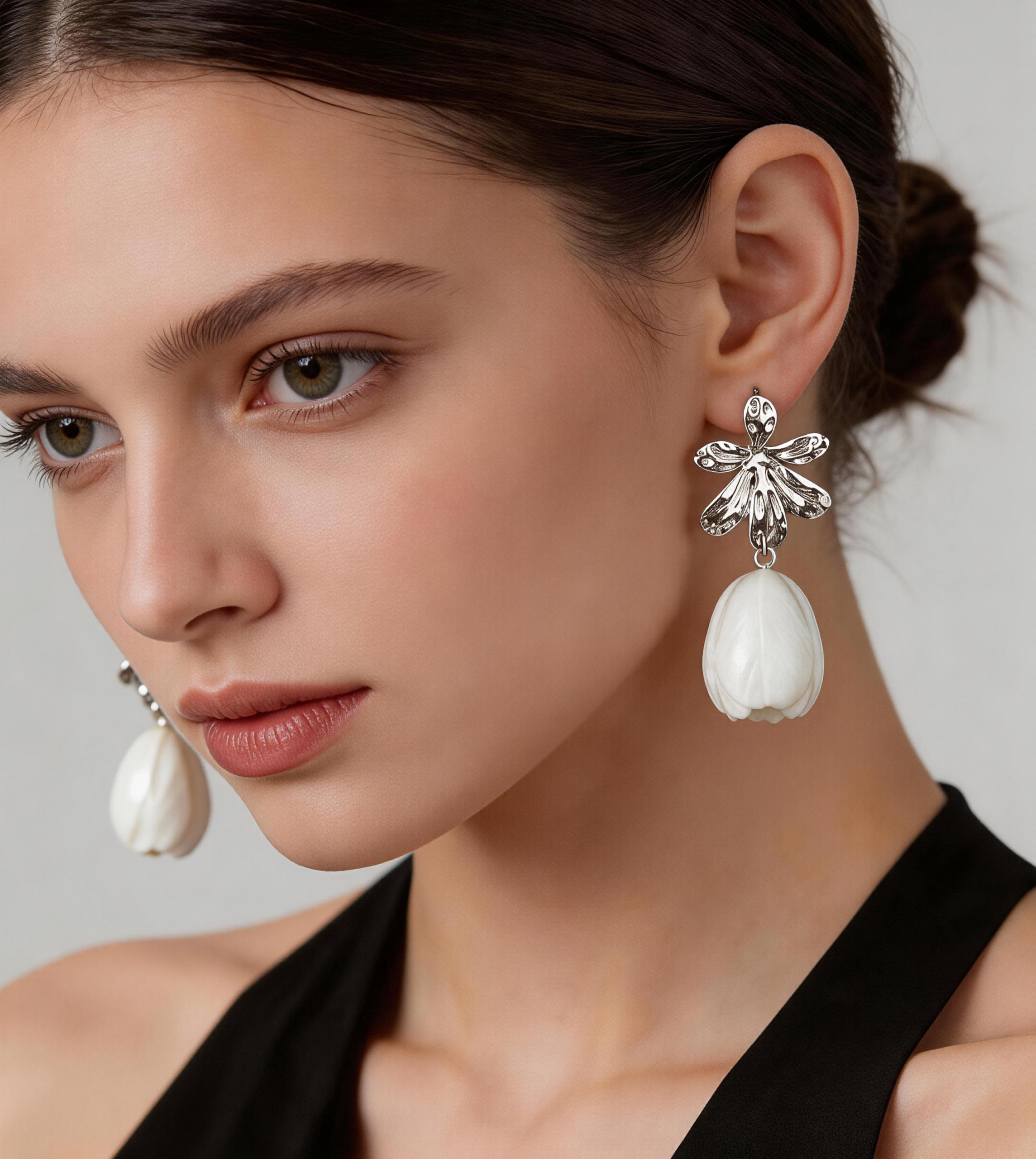 Profile styling idea for LIN floral porcelain jewelry by ZELIN ART.