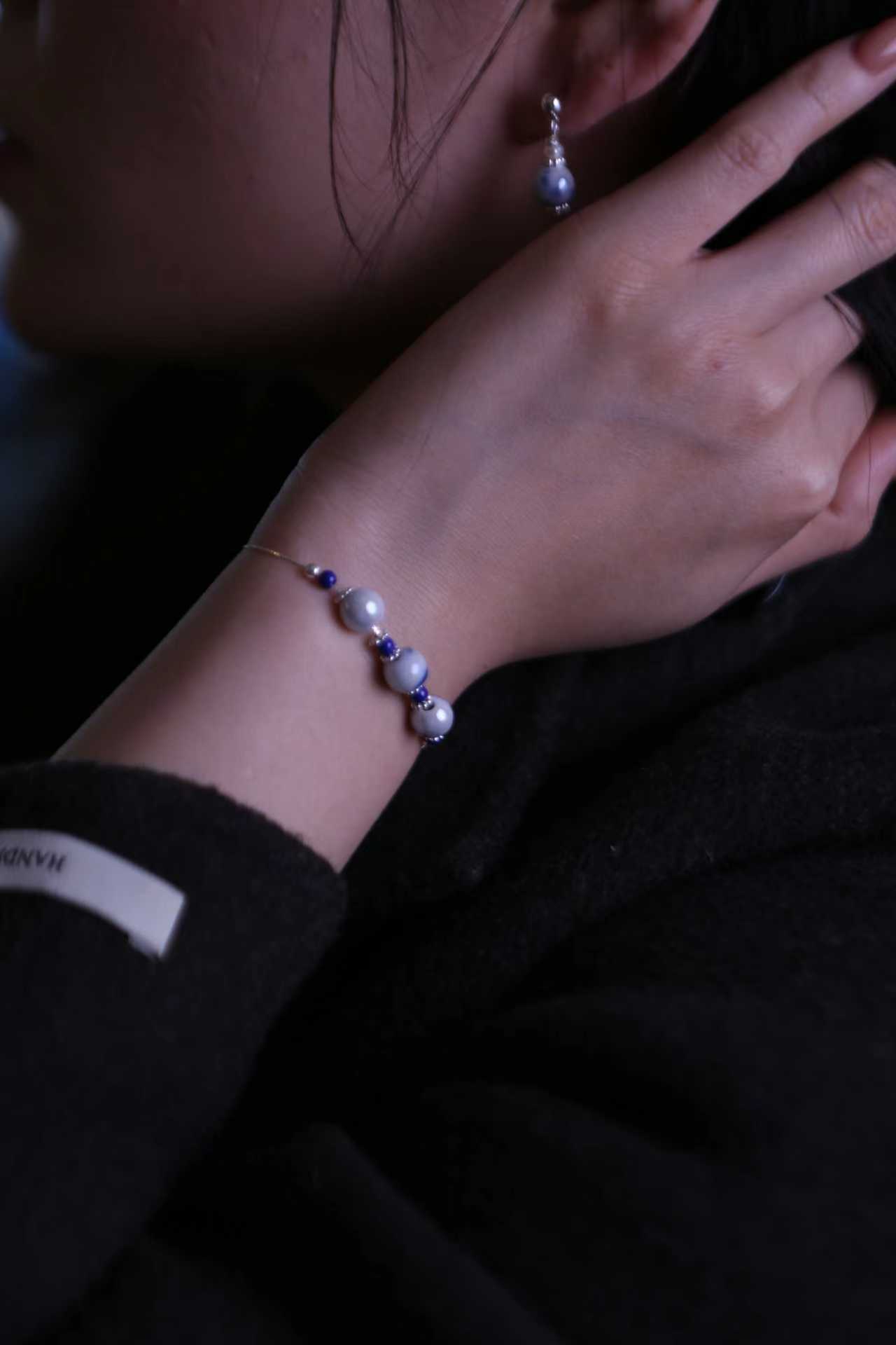Styling idea for the Blue Pearl porcelain bracelet and earrings set.
